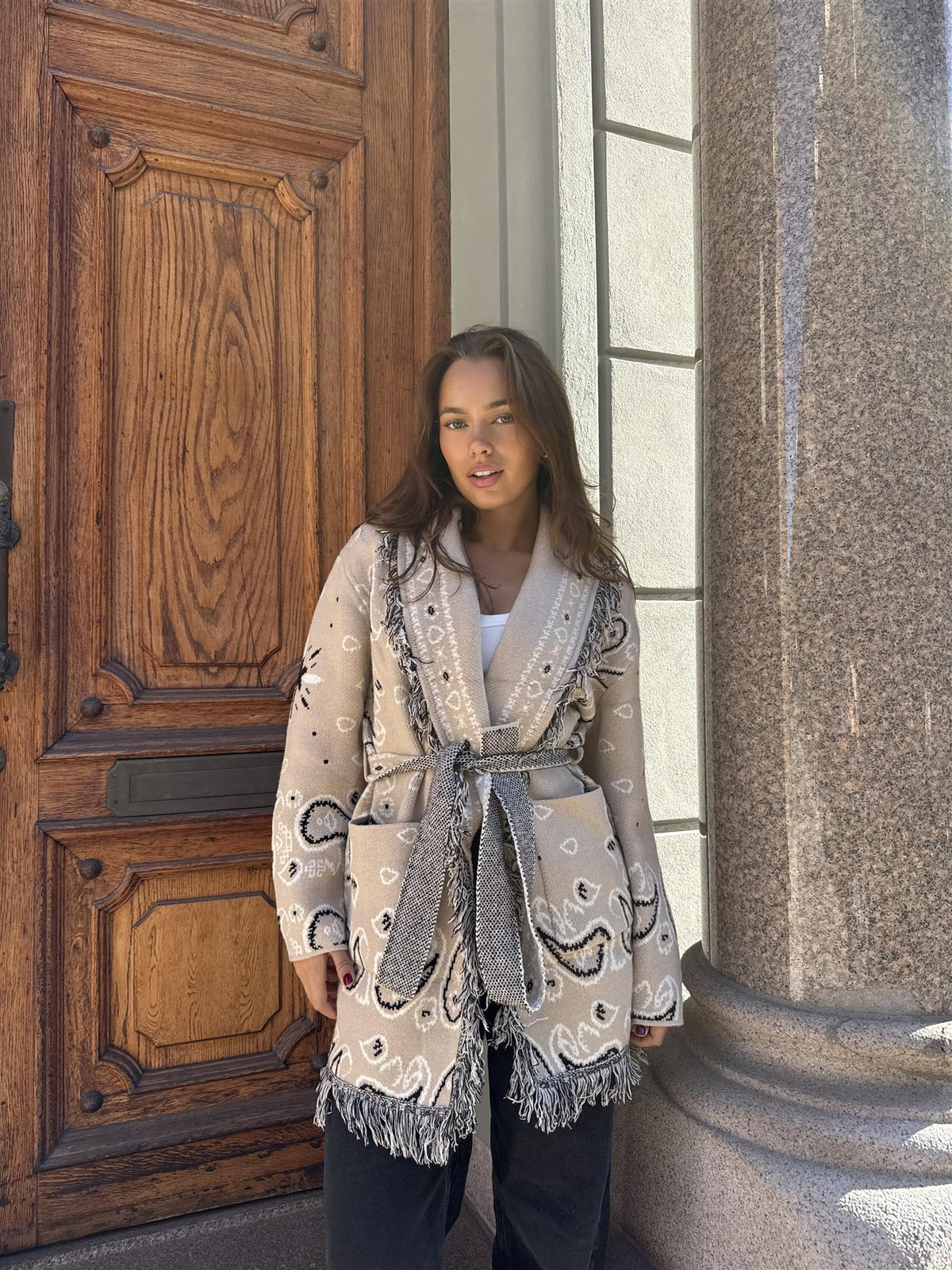 Long Fringed Paisley Jacket - Beige