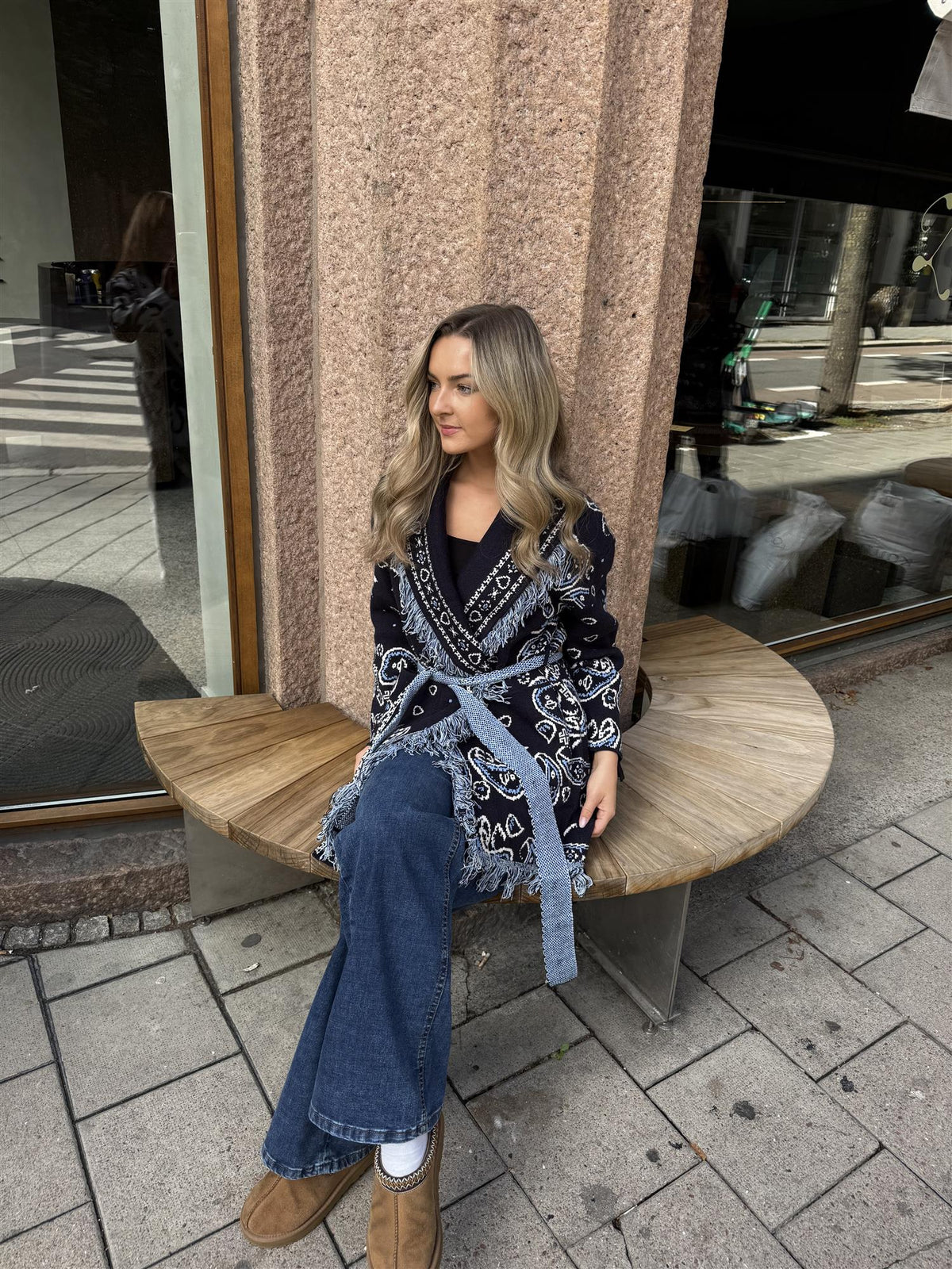 Long Fringed Paisley Jacket - Navy