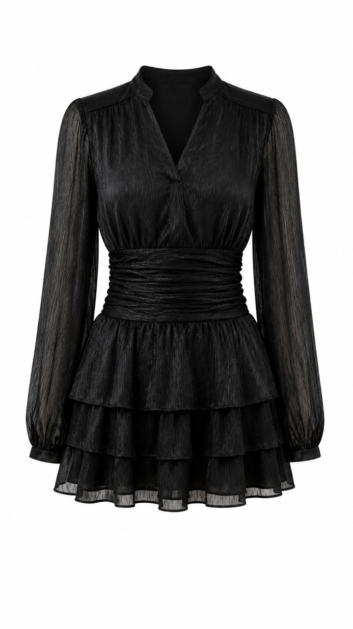 Nadine Belted Ruffle Dress - Glint Onyx