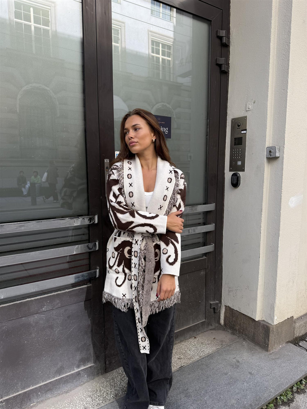 Long Fringed Paisley Jacket - Ecru/Brown