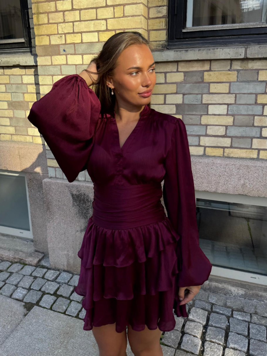 Nadine Belted Ruffle Dress - Mulberry