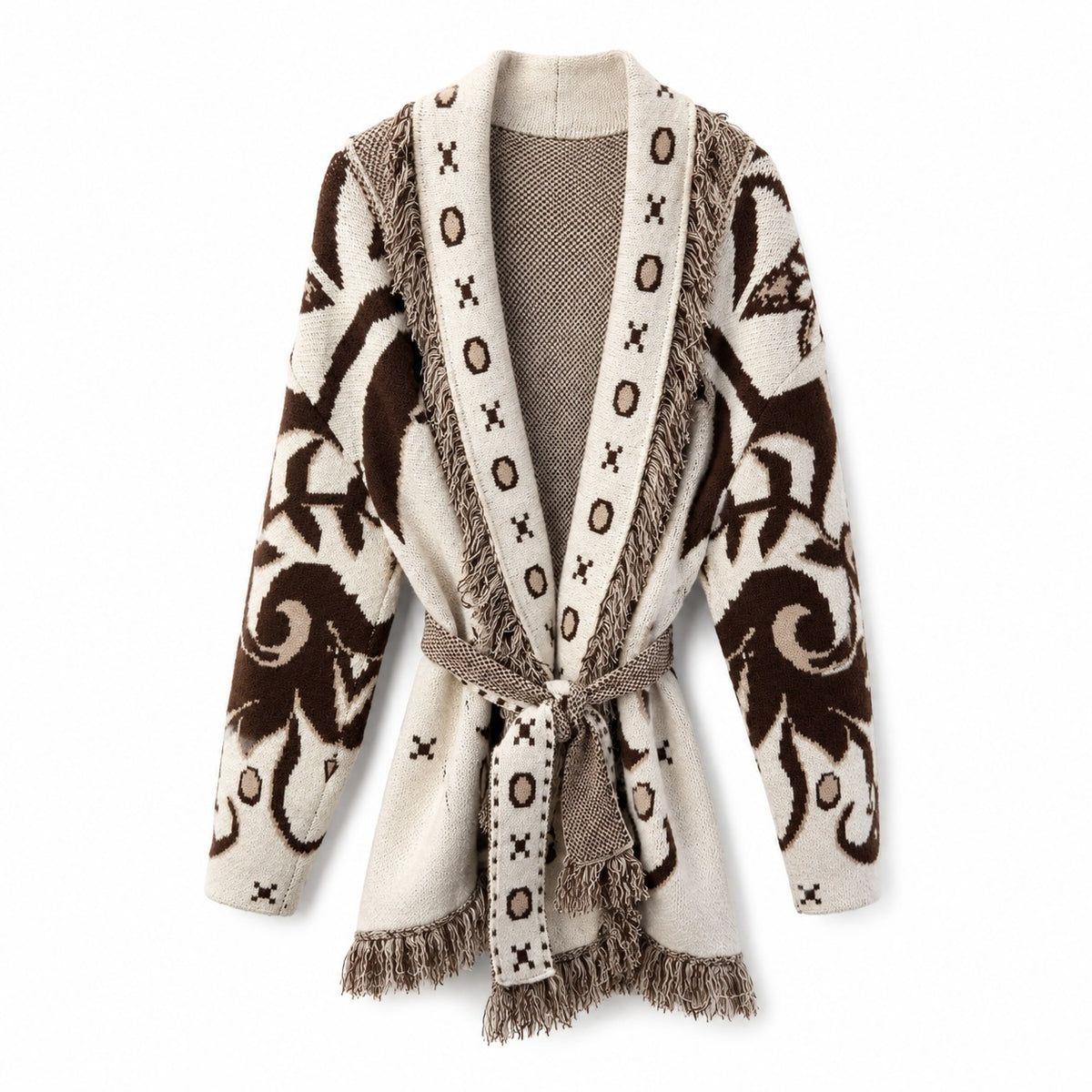 Long Fringed Paisley Jacket - Ecru/Brown