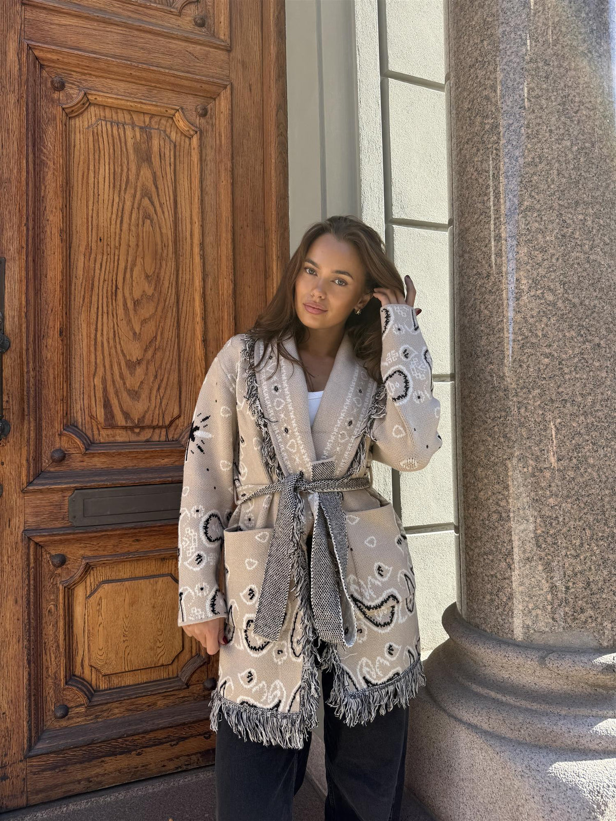 Long Fringed Paisley Jacket - Beige