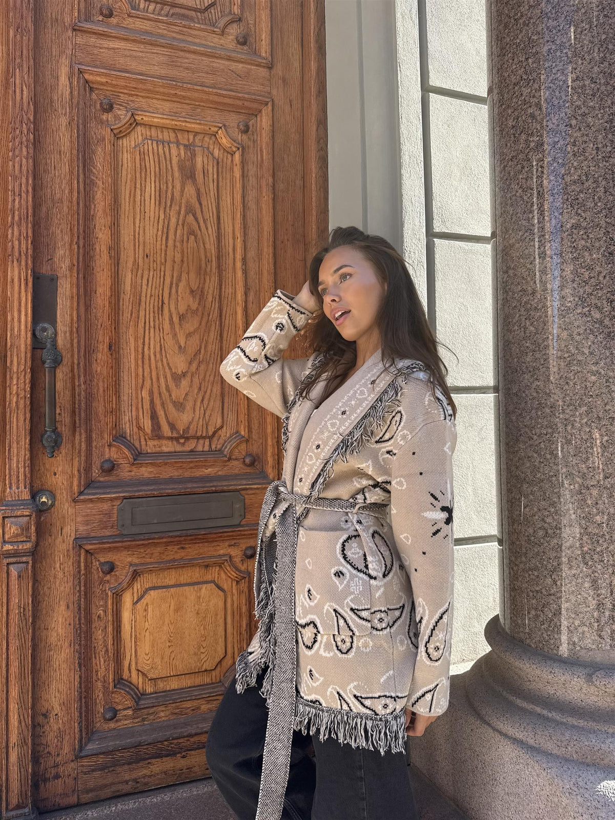 Long Fringed Paisley Jacket - Beige