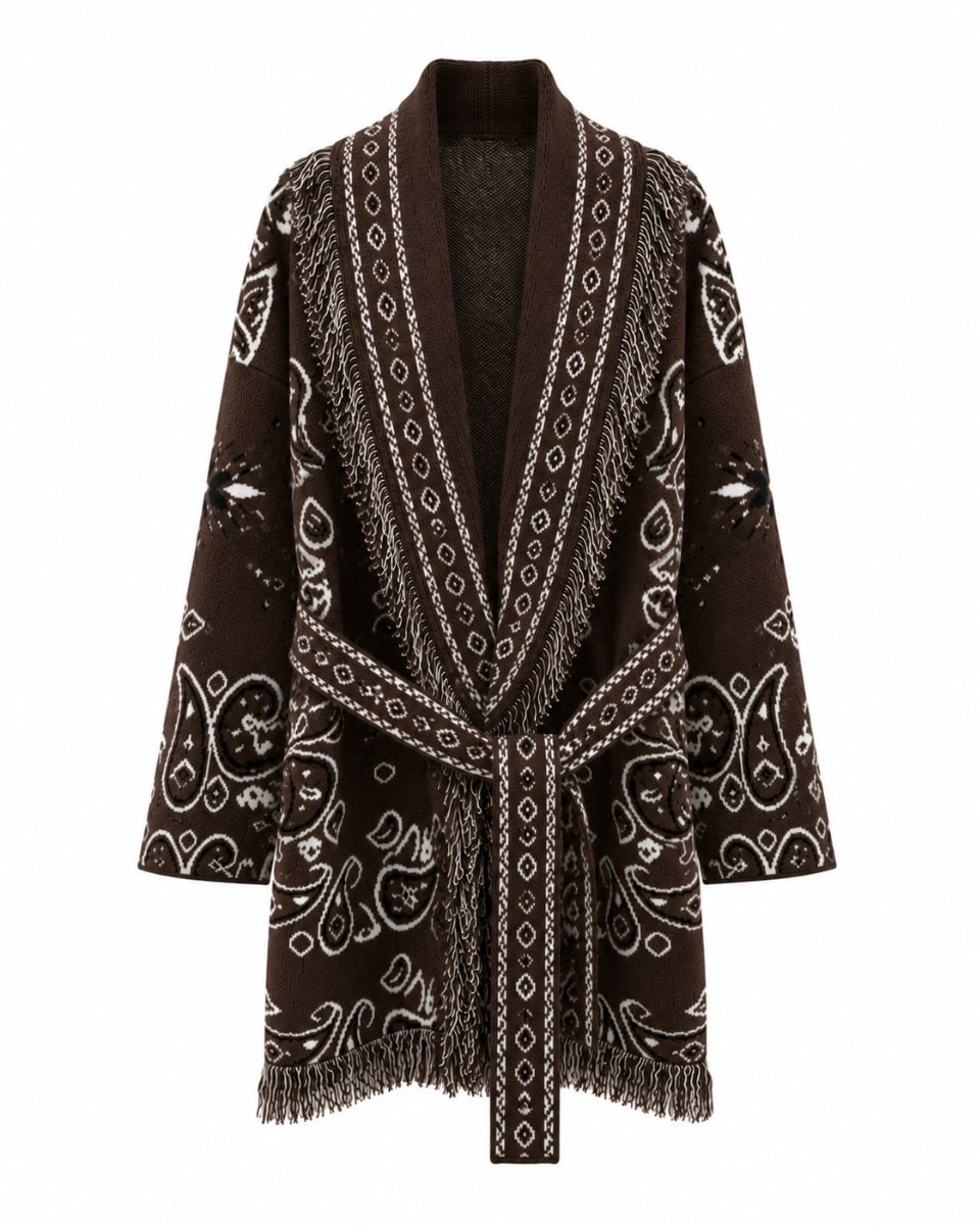 Long Fringed Paisley Jacket - Brown