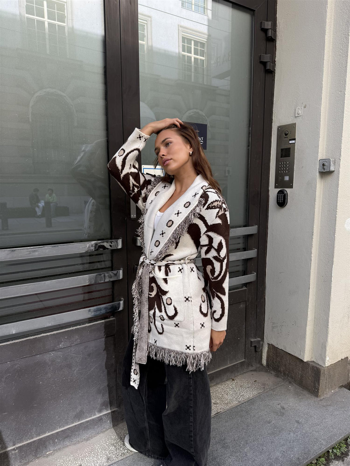 Long Fringed Paisley Jacket - Ecru/Brown