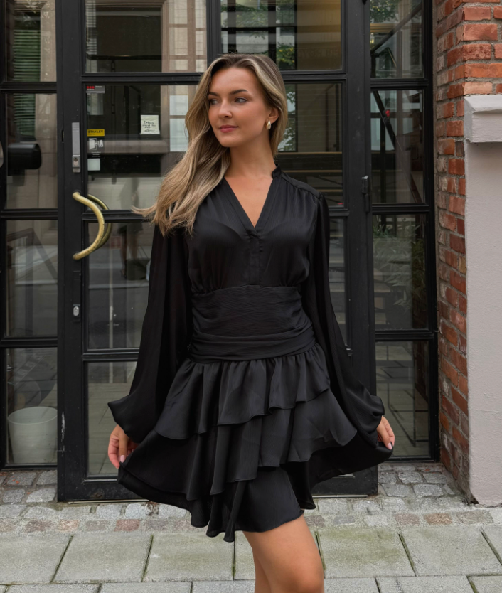 Nadine Belted Ruffle Dress - Regal Onyx