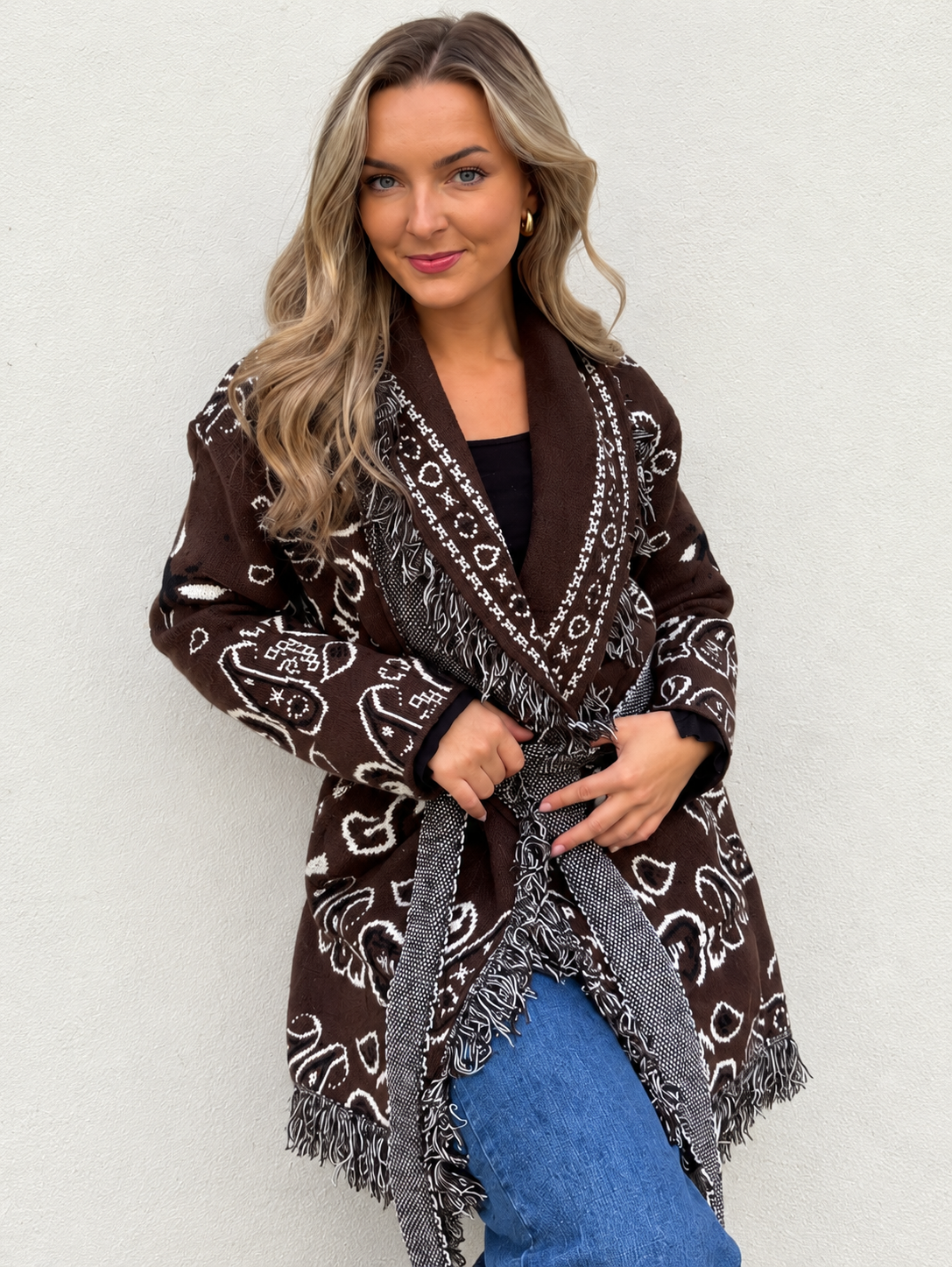 Long Fringed Paisley Jacket - Brown