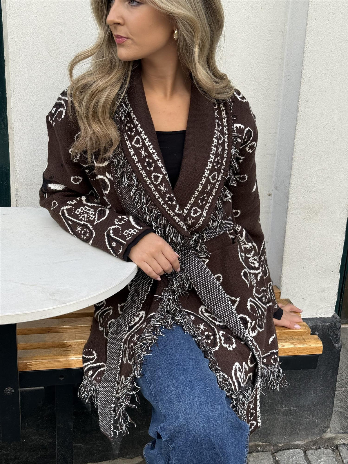 Long Fringed Paisley Jacket - Brown