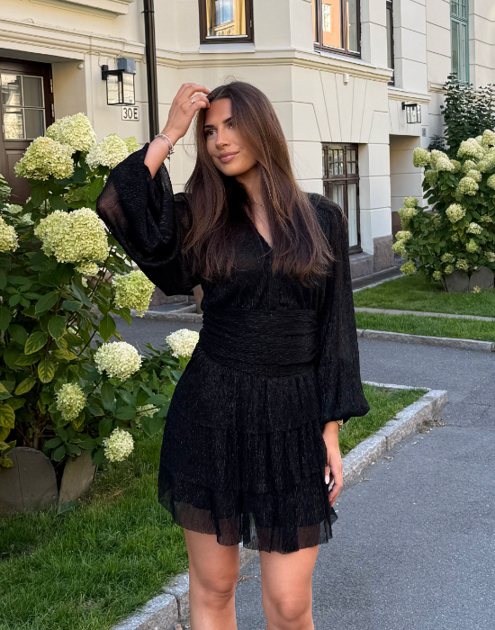 Nadine Belted Ruffle Dress - Glint Onyx