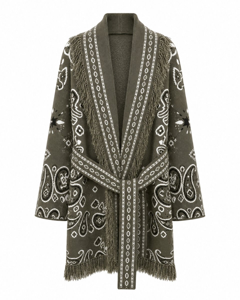 Long Fringed Paisley Jacket - Khaki