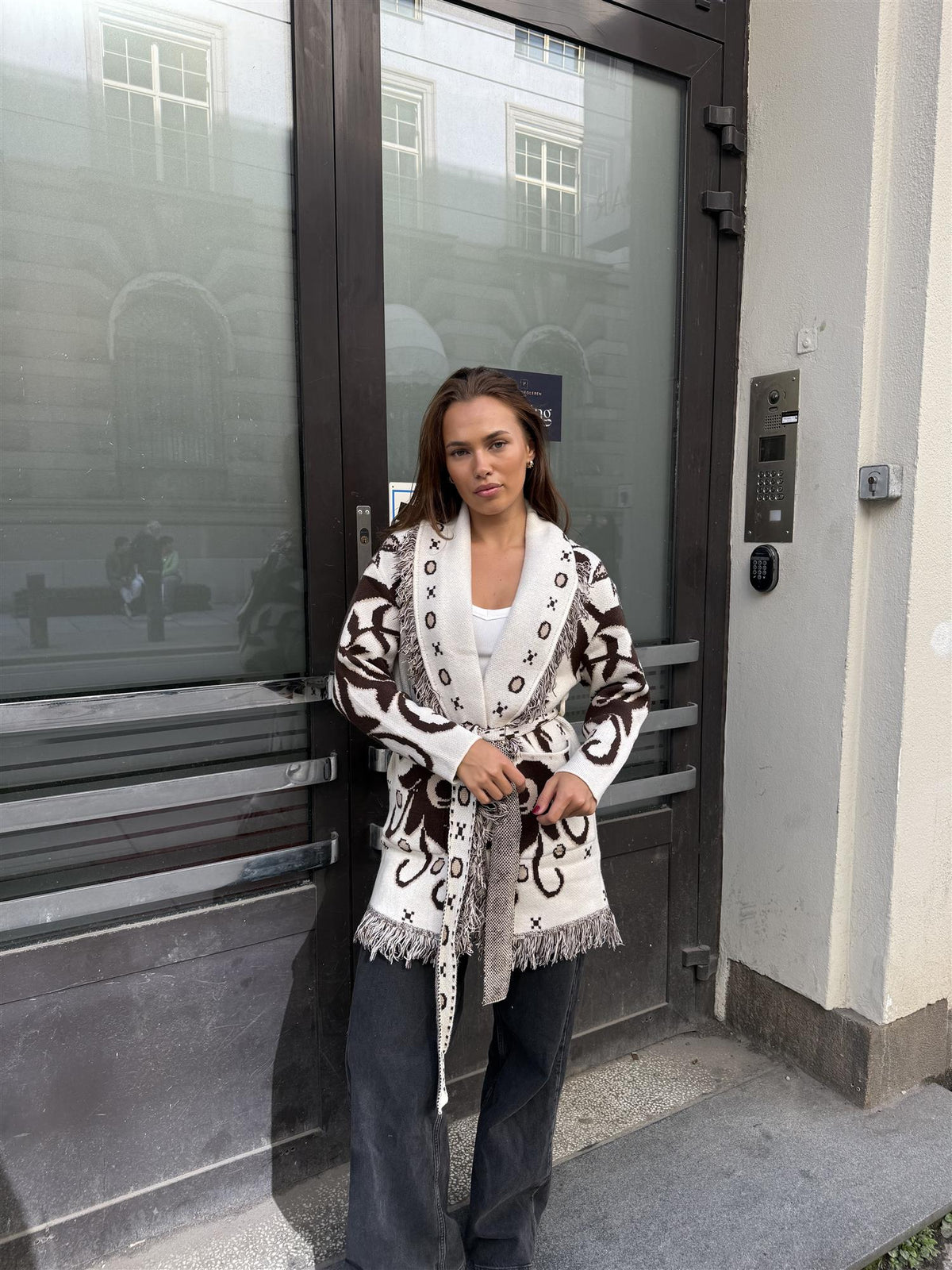 Long Fringed Paisley Jacket - Ecru/Brown