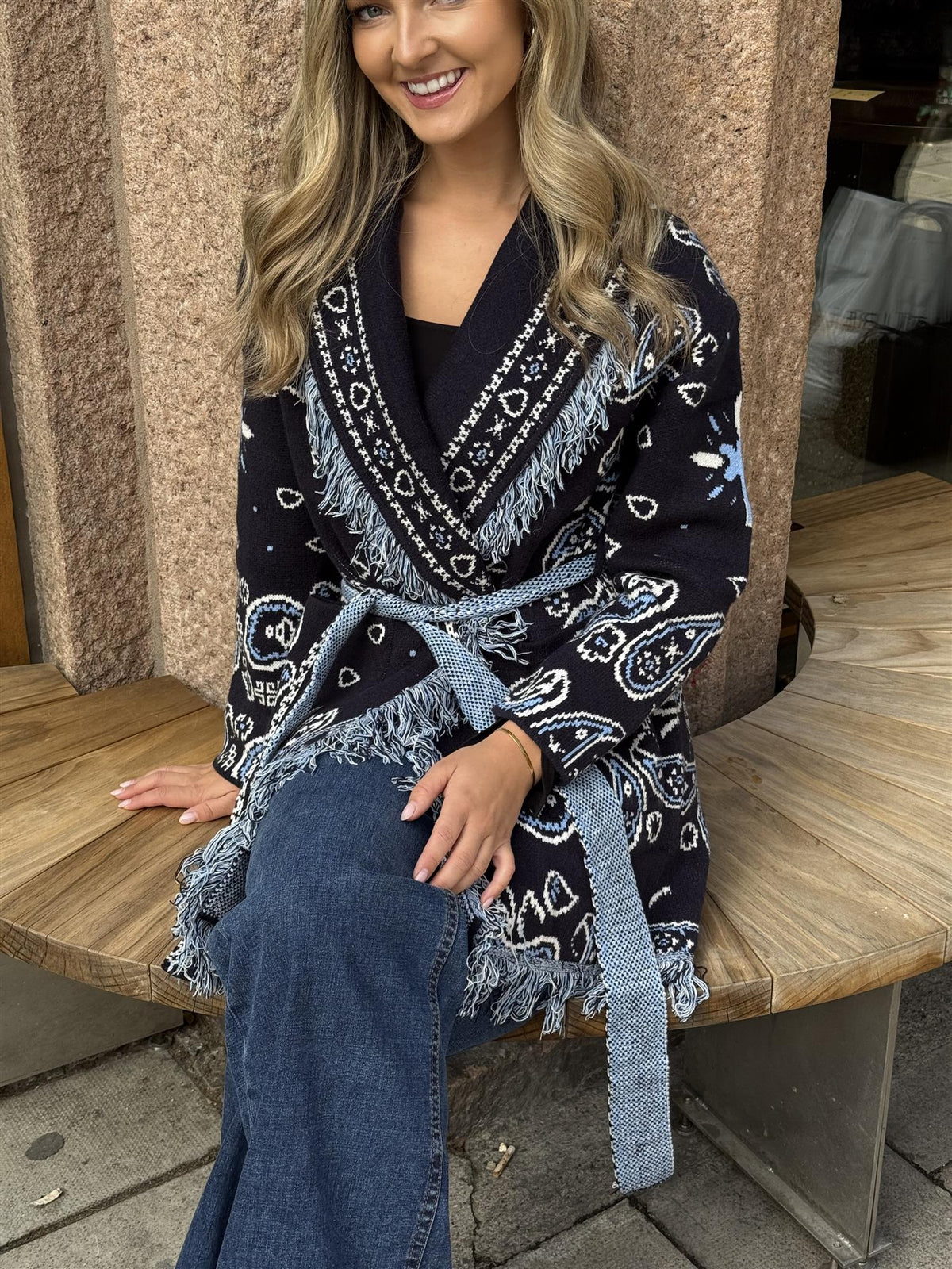 Long Fringed Paisley Jacket - Navy