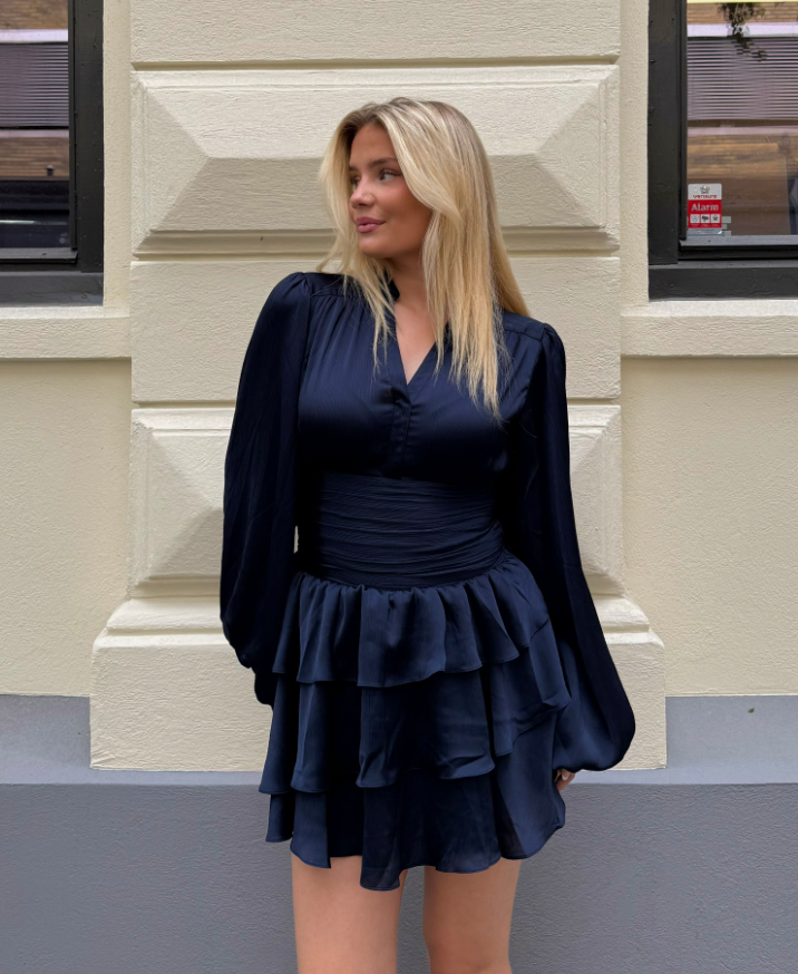 Nadine Belted Ruffle Dress - Grain Marine