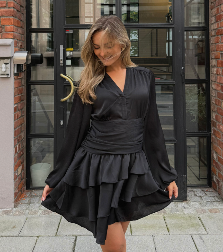 Nadine Belted Ruffle Dress - Regal Onyx