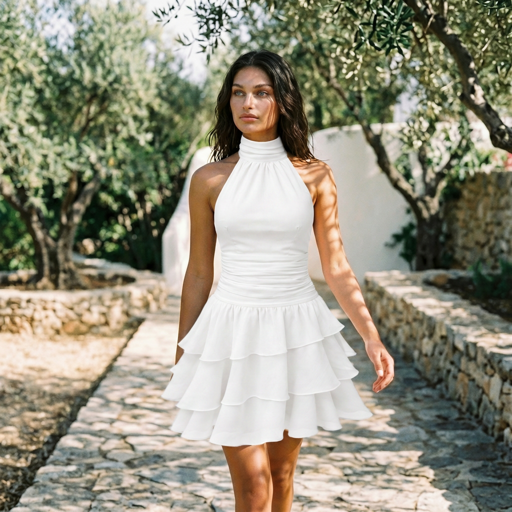 Lilly Maze Mini Ruffle Dress White