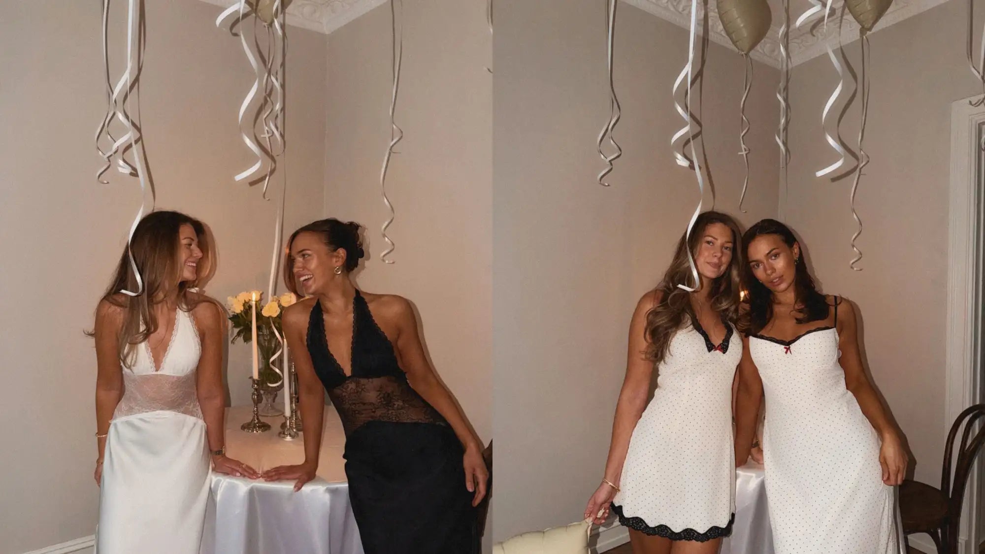 Hvite blondekantede kjoler båret av to kvinner på en feiring