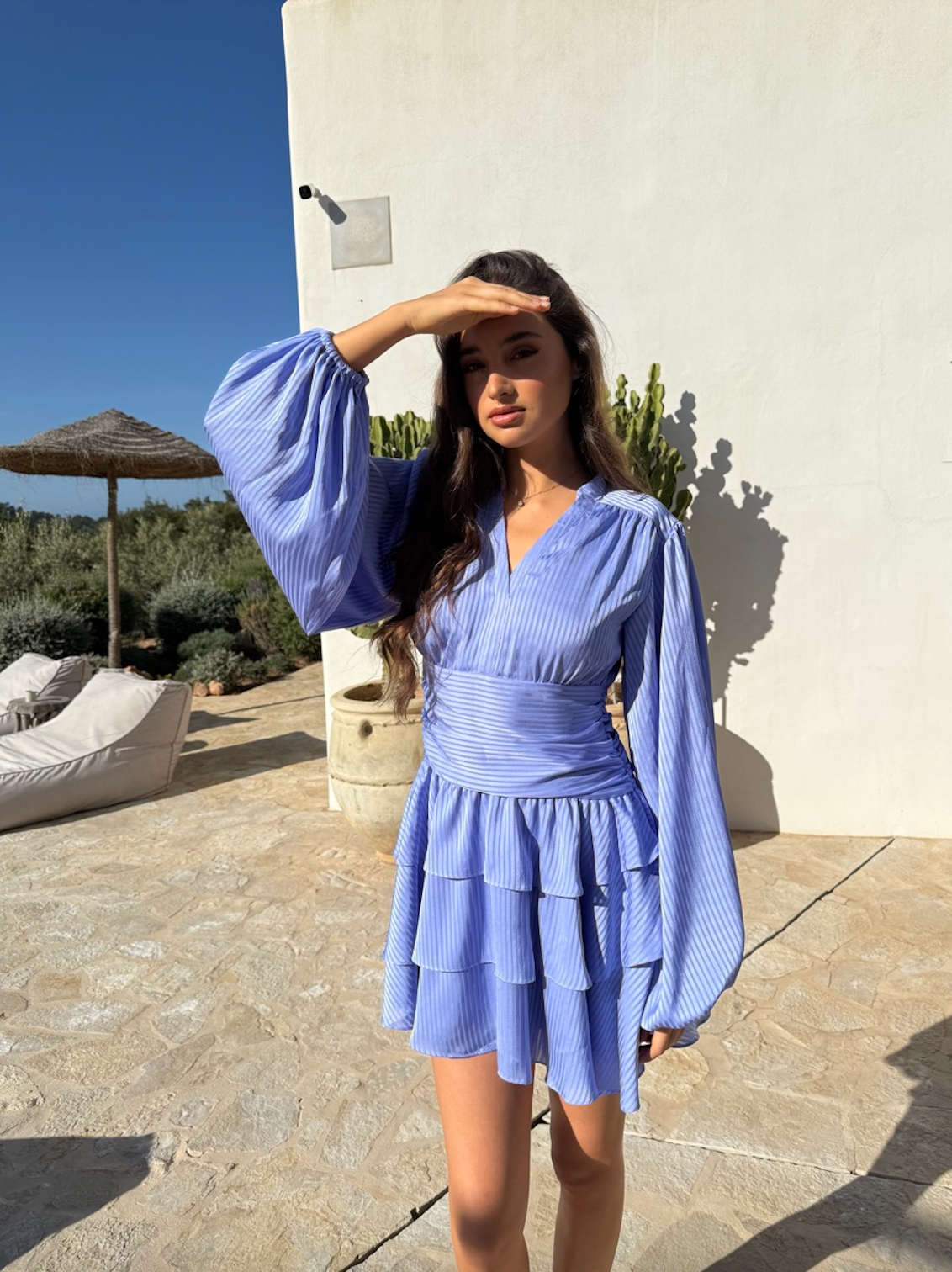 Nadine Belted Ruffle Dress - Ocean Waves - Kjoler